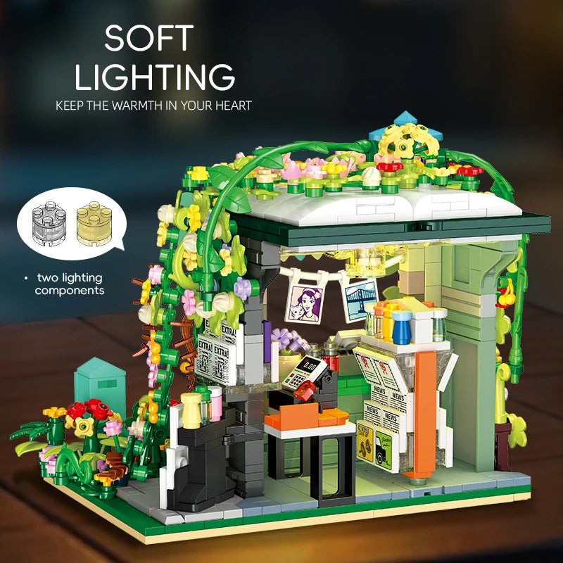 JJ9197 Bloques de Construcción de Parada de Autobús con Escena Urbana, Modelo MOC DIY, Decoración de Escritorio, Regalo Coleccionable para Adultos, Cumpleaños, Festividades