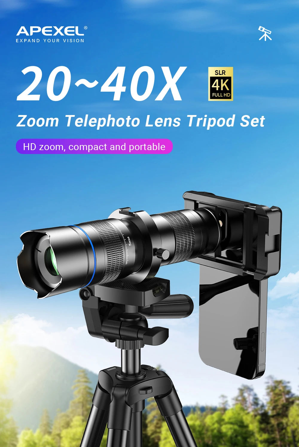 Teleobjetivo APEXEL 20-40X Zoom con Trípode para Smartphone