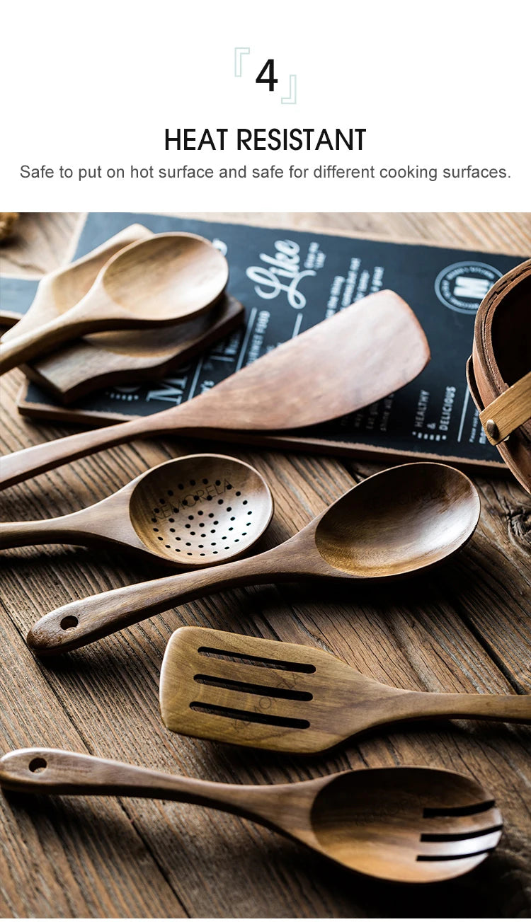 9 cucharas de madera para cocinar, utensilios de madera para cocinar con soporte para utensilios, juego de utensilios de cocina de madera de teca
