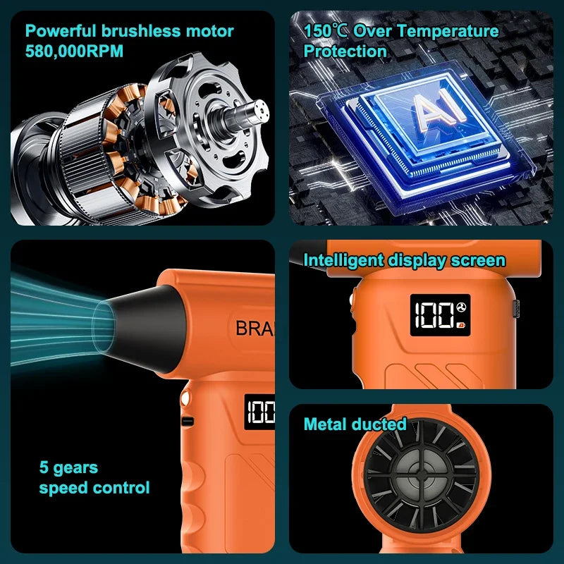 Soplador de aire turbo 5 en 1 inalámbrico, 680000 RPM y batería 10000 mAh