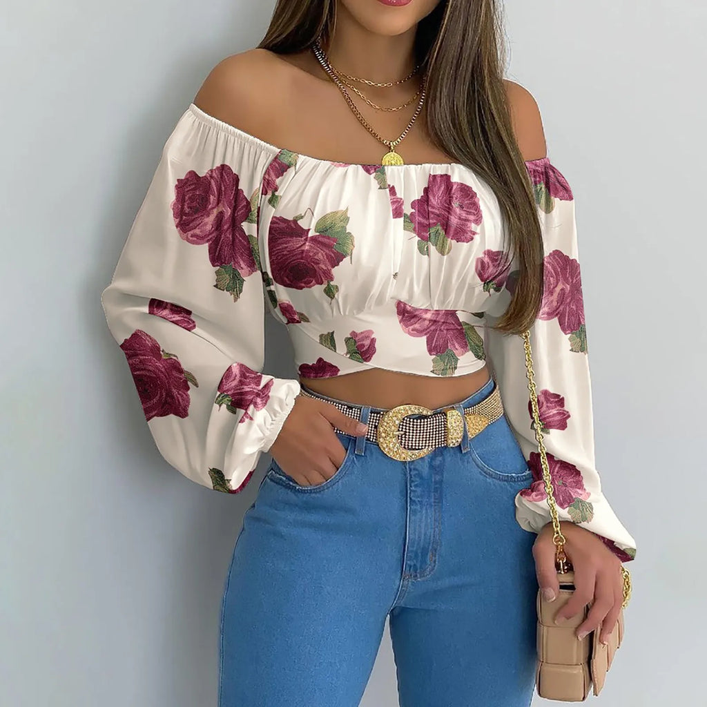 Blusa con Hombros Descubiertos y Lazo de Manga Larga