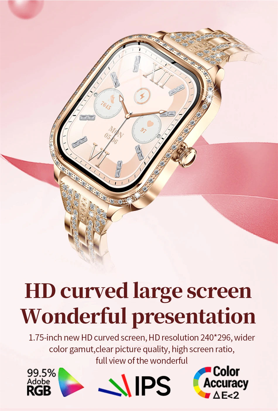 Smartwatch para mujer con pantalla HD 1.75'', llamadas Bluetooth y monitor de salud IP68
