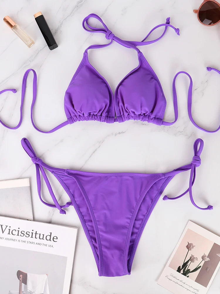 Conjunto de Bikini de Dos Piezas para Mujer, a la Moda, 2026, Sexy, Sólido, Triangular, con Tanga, Ropa de Playa