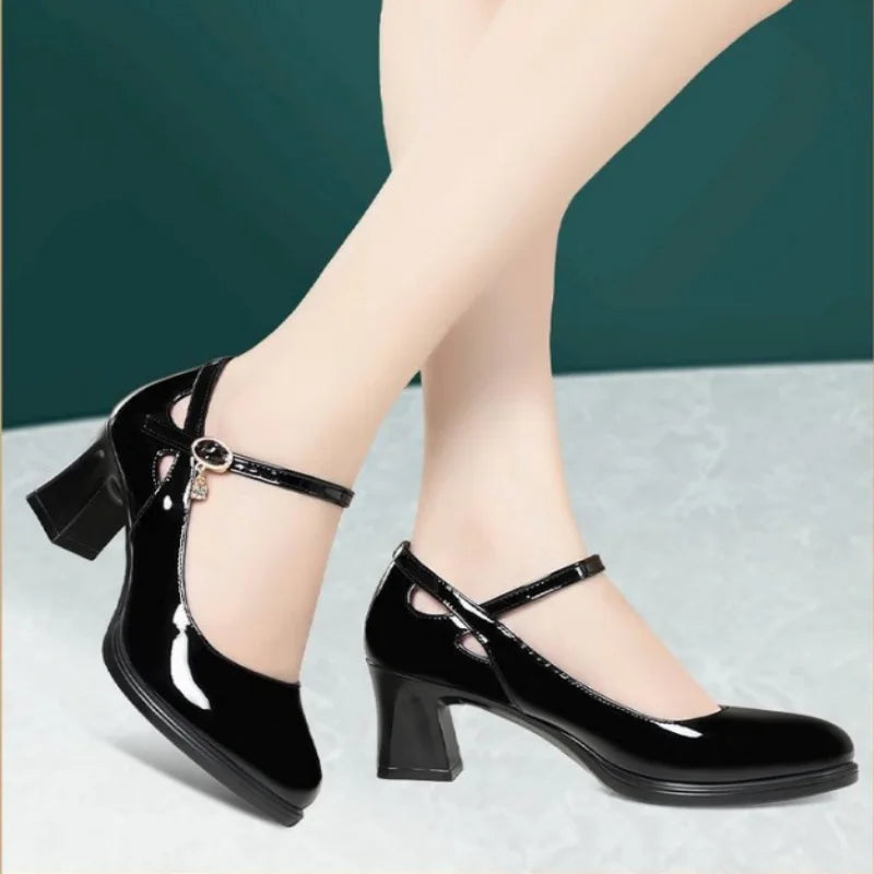 2025 Primavera/otoño Nuevos zapatos de tacón de trabajo profesionales negros para mujer - Zapatos de vestir de tacón medio con plataforma y correa, zapatos de oficina para madres