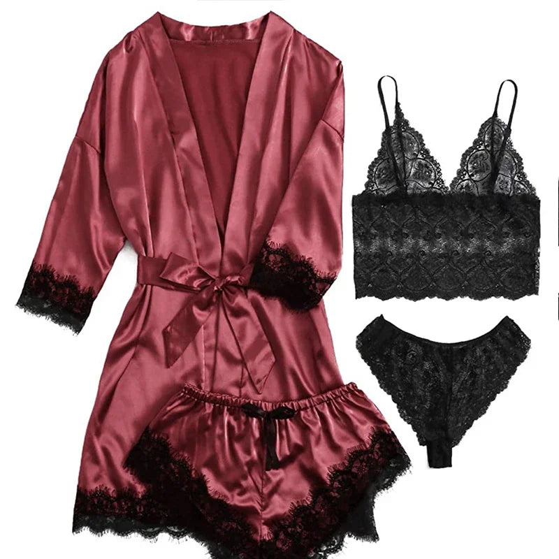 Conjunto de Pijama Sexy para Mujer 4 Piezas con Encaje