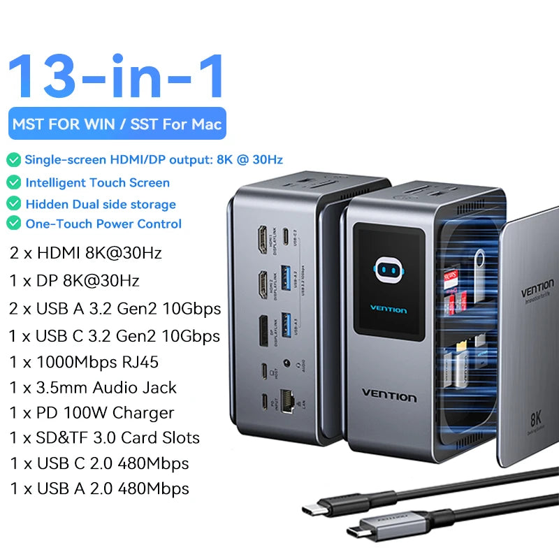 Vention Estación de Conexión USB C 13 en 1 8K@30Hz MST, Pantalla Inteligente, Adaptador USB 3.2 10Gbps para Windows, MacBook Pro, HP, Laptop Dell
