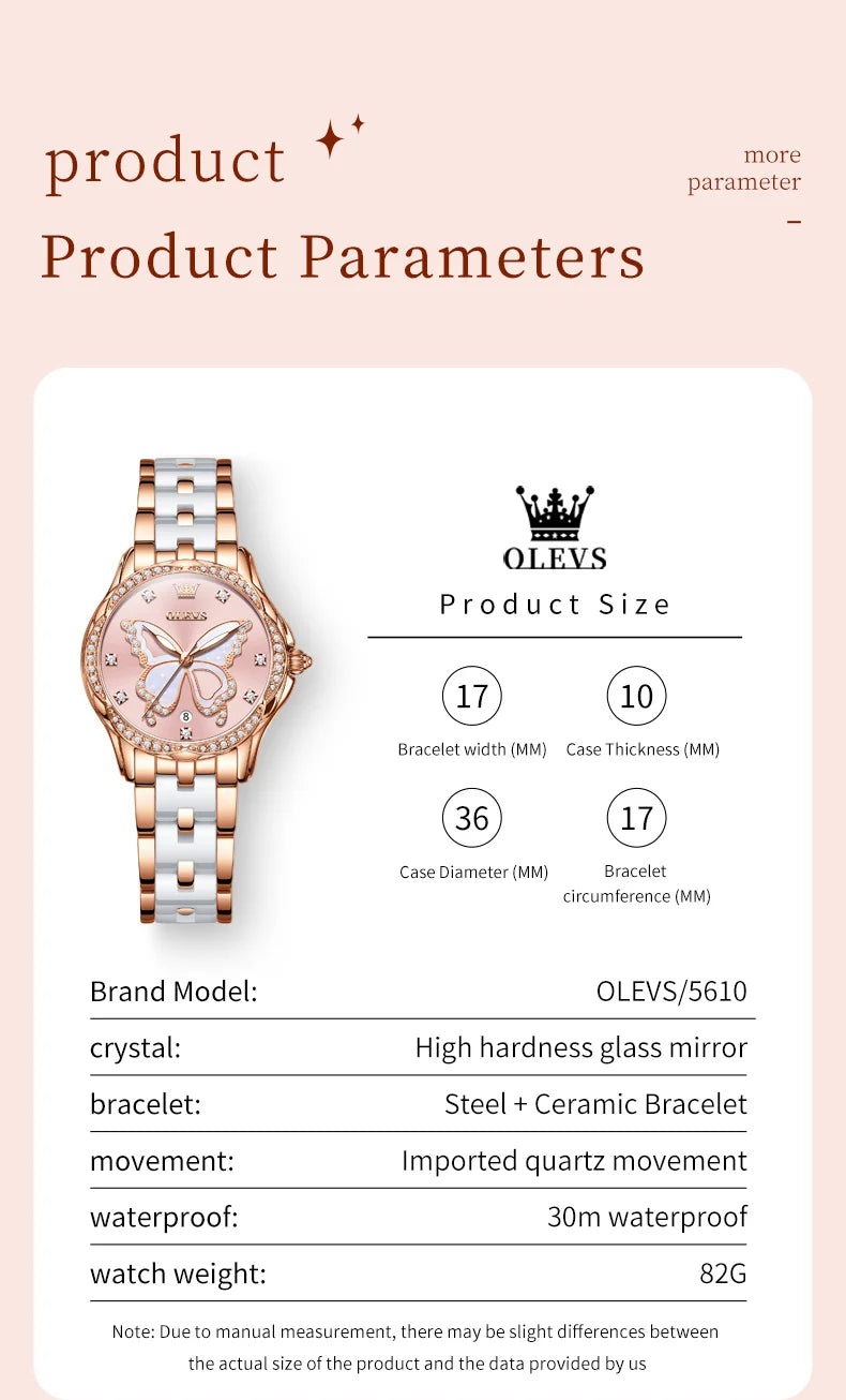 Reloj de Cuarzo OLEVS para Mujer, Correa de Cerámica, Diseño Mariposa