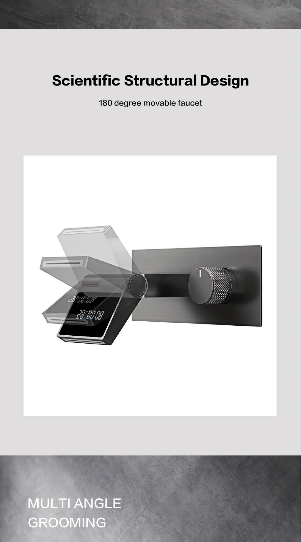 Grifo de baño montado en la pared de latón gris con pistola de lujo con pantalla digital LED Grifo de baño integrado de agua fría y caliente con una sola manija