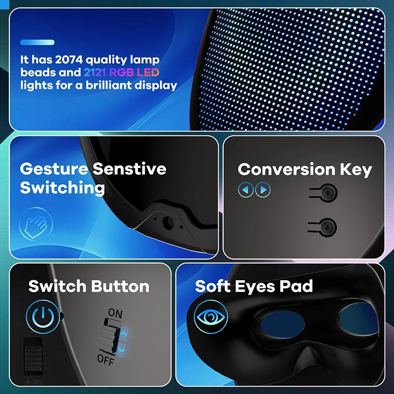 Máscaras Faciales LED Inteligentes Programables con Control por Aplicación Bluetooth, Cambio de Fotos DIY, Máscara LED Luminosa para Fiestas de Halloween