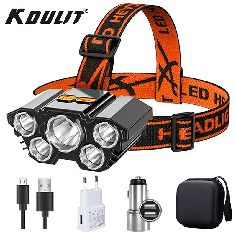 Linterna Frontal Recargable USB 5 LED para Pesca y Camping