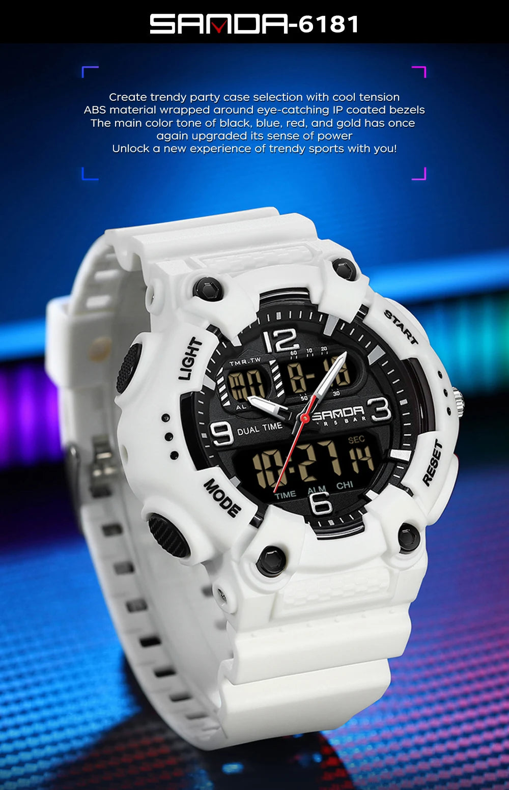 Reloj Digital Deportivo SANDA Pantalla Dual Resistente al Agua 5 Bar
