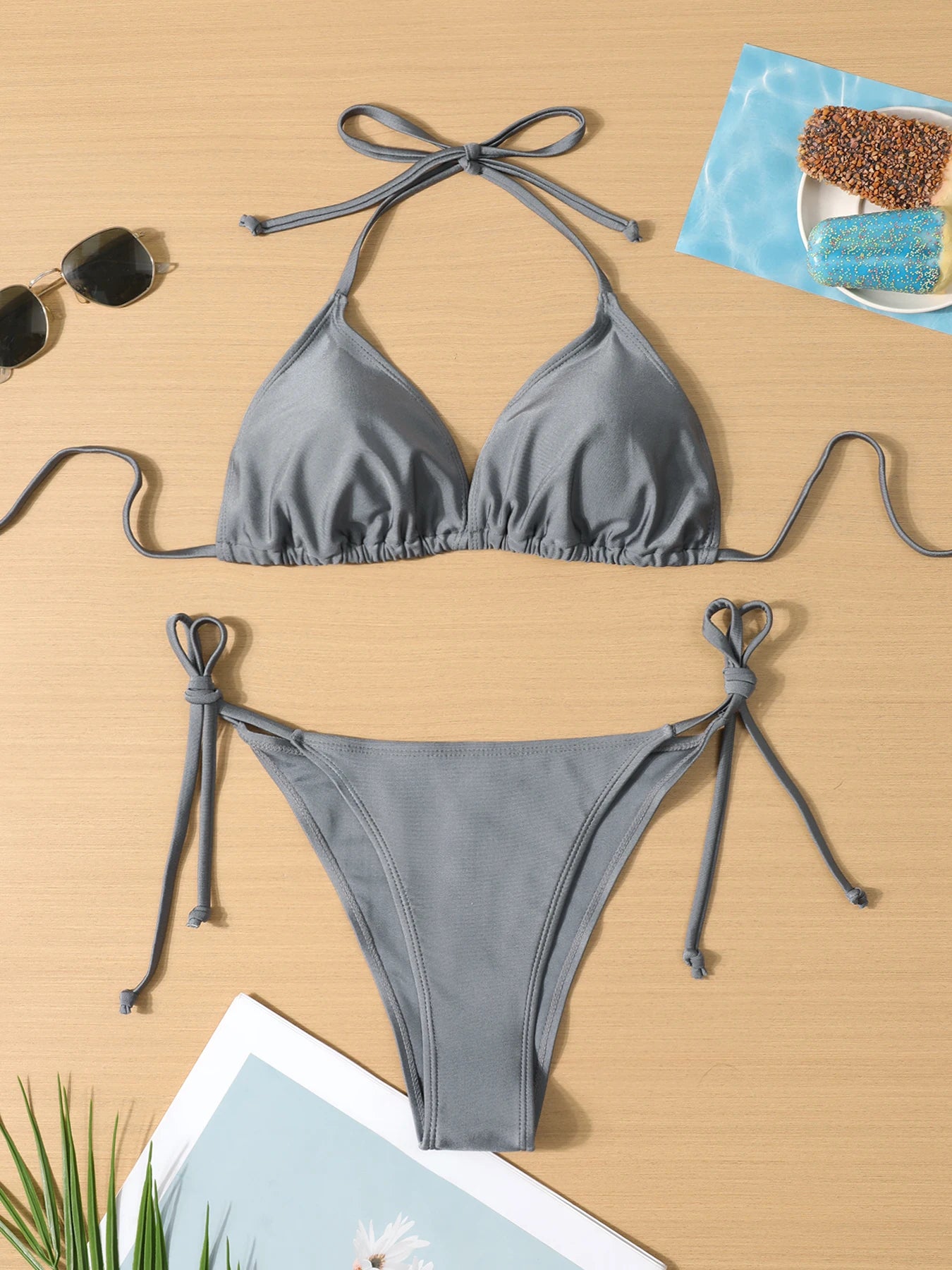 Conjunto de Bikini de 2 Piezas para Mujer, Diseño sin Tirantes y Espalda Descubierta, Traje de Baño Rojo, Sexy, Color Sólido, Resistente a las Arrugas, para Damas