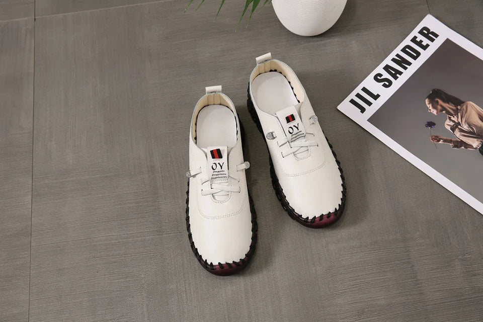 Zapatillas de deporte para Mujer, mocasines con cordones de cuero, planos, informales, cómodos, para mamá, para Mujer