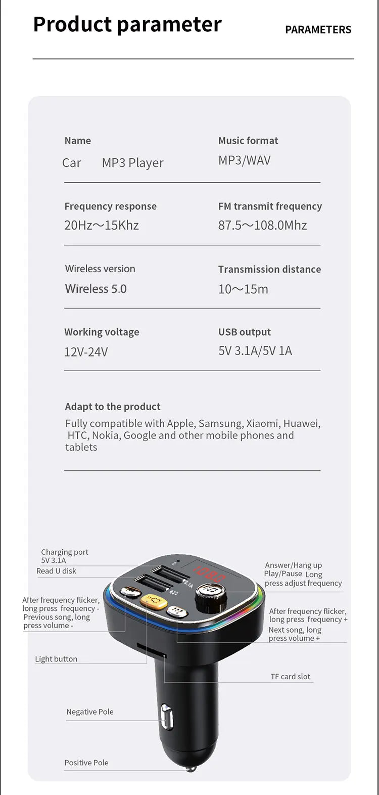 Modulador FM USB 3.1A para Auto con Bluetooth 5.0 y Manos Libres