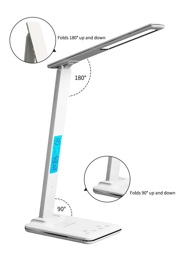 Lámpara de escritorio de lectura plegable, luz de escritorio enchufable USB, 15W, carga inalámbrica para teléfono móvil con tiempo, dormitorio, oficina, protección ocular