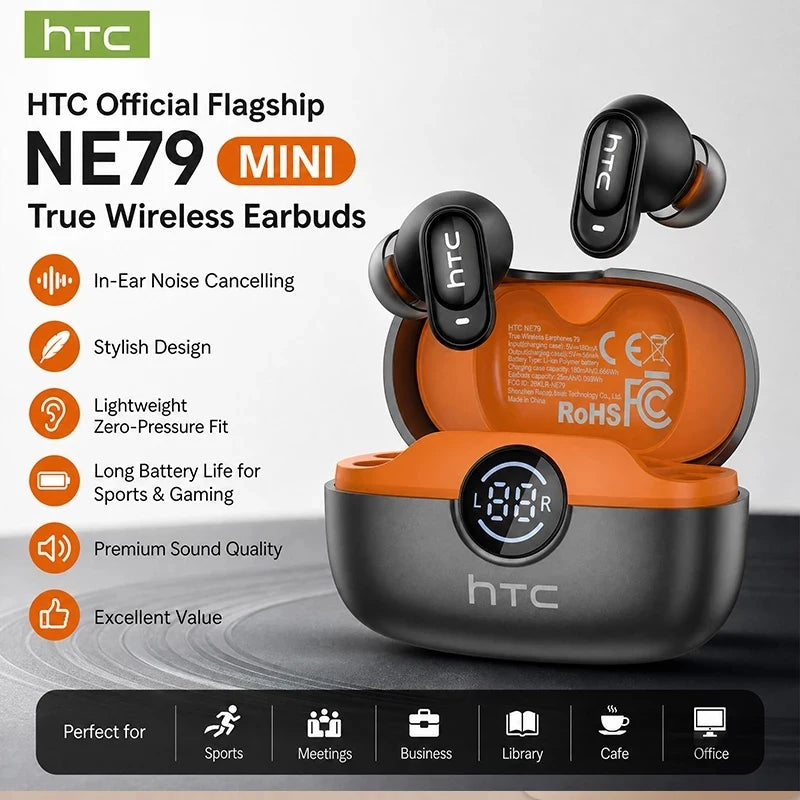 Auriculares HTC NE79 con Traducción en Tiempo Real, Bluetooth, Música HiFi, Llamadas HD, Reducción de Ruido, Auriculares Inalámbricos con Pantalla LED y Micrófono