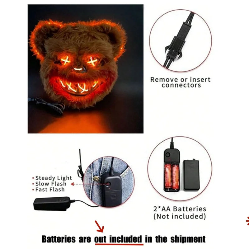 Máscara luminosa de animales con luz LED, disfraz de Halloween, fiesta de carnaval, maquillaje, máscara facial, accesorios para sombreros de piel de felpa de animales aterradores