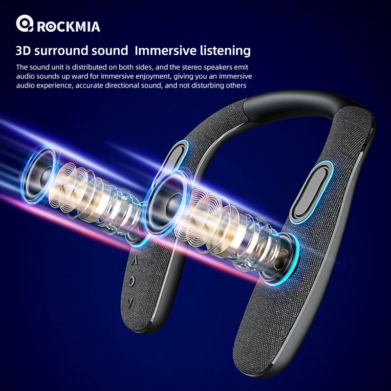 Rockmia EBS-908 Altavoz con banda para el cuello inalámbrico Bluetooth 5,0 U-Sharp 6W caja de bajos portátil para juegos viajar caminar y andar en bicicleta