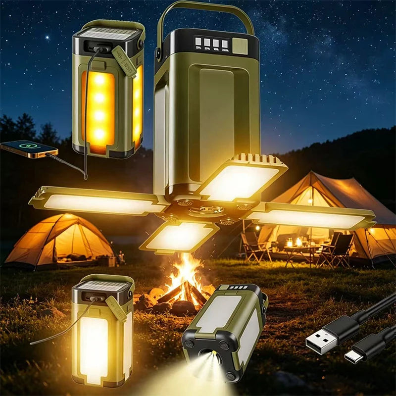 Lámpara Solar de Camping Recargable, Luces LED Portátiles, con Carga USB, Resistente al Agua IPX4, Batería de 12 Horas