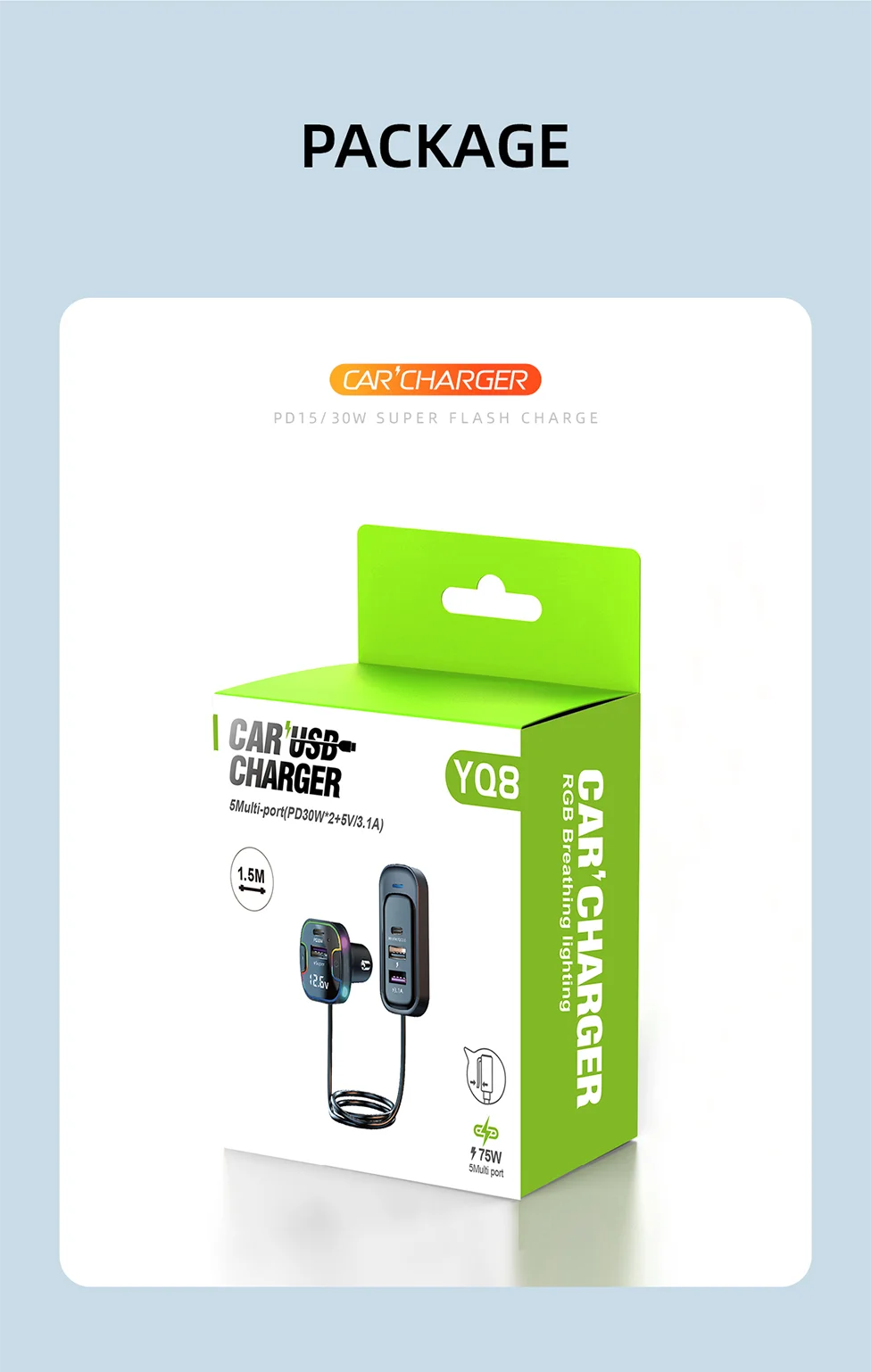 Cargador de Auto PD30W 5 Puertos con USB-C y Extensión para Asientos Traseros