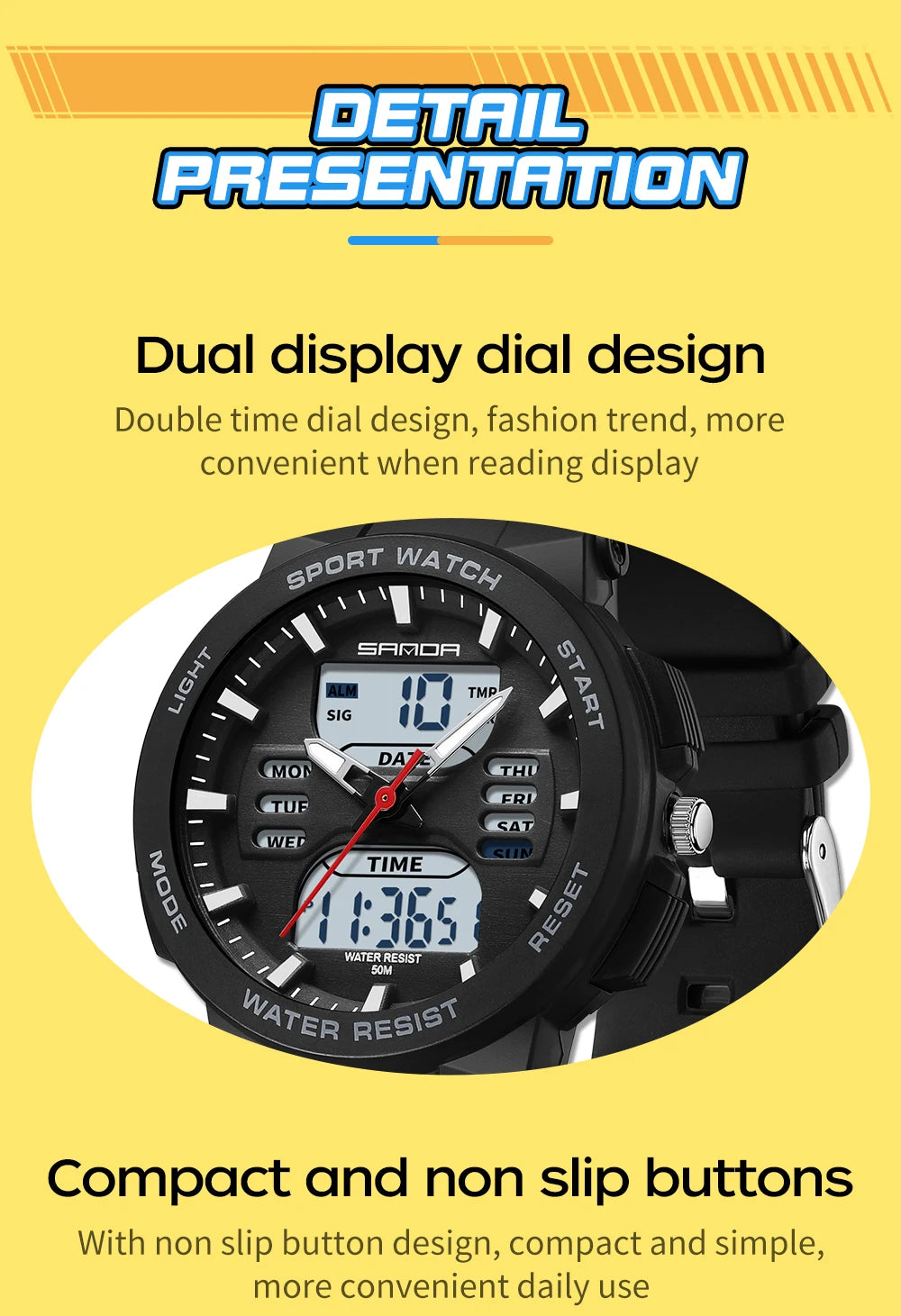 Reloj Digital LED SANDA 6185 para Mujer Pantalla Dual Resistente al Agua