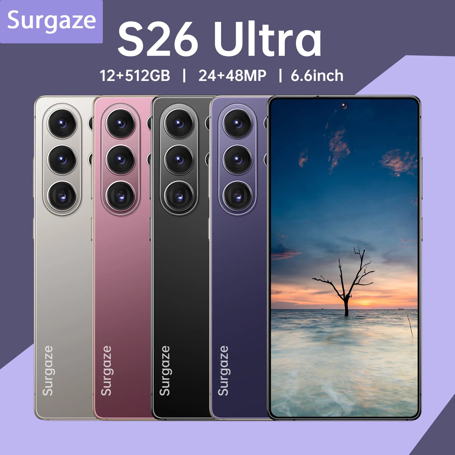 Teléfono Inteligente SURGAZE Versión Global S26 Ultra 5G Android 5300mAH 12GB RAM 512GB ROM 6.6 Pulgadas 24+48MP Red 5G
