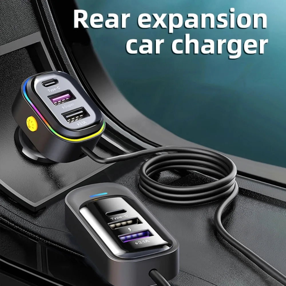 Cargador USB de 6 Puertos para Auto con Extensión para Asientos Traseros