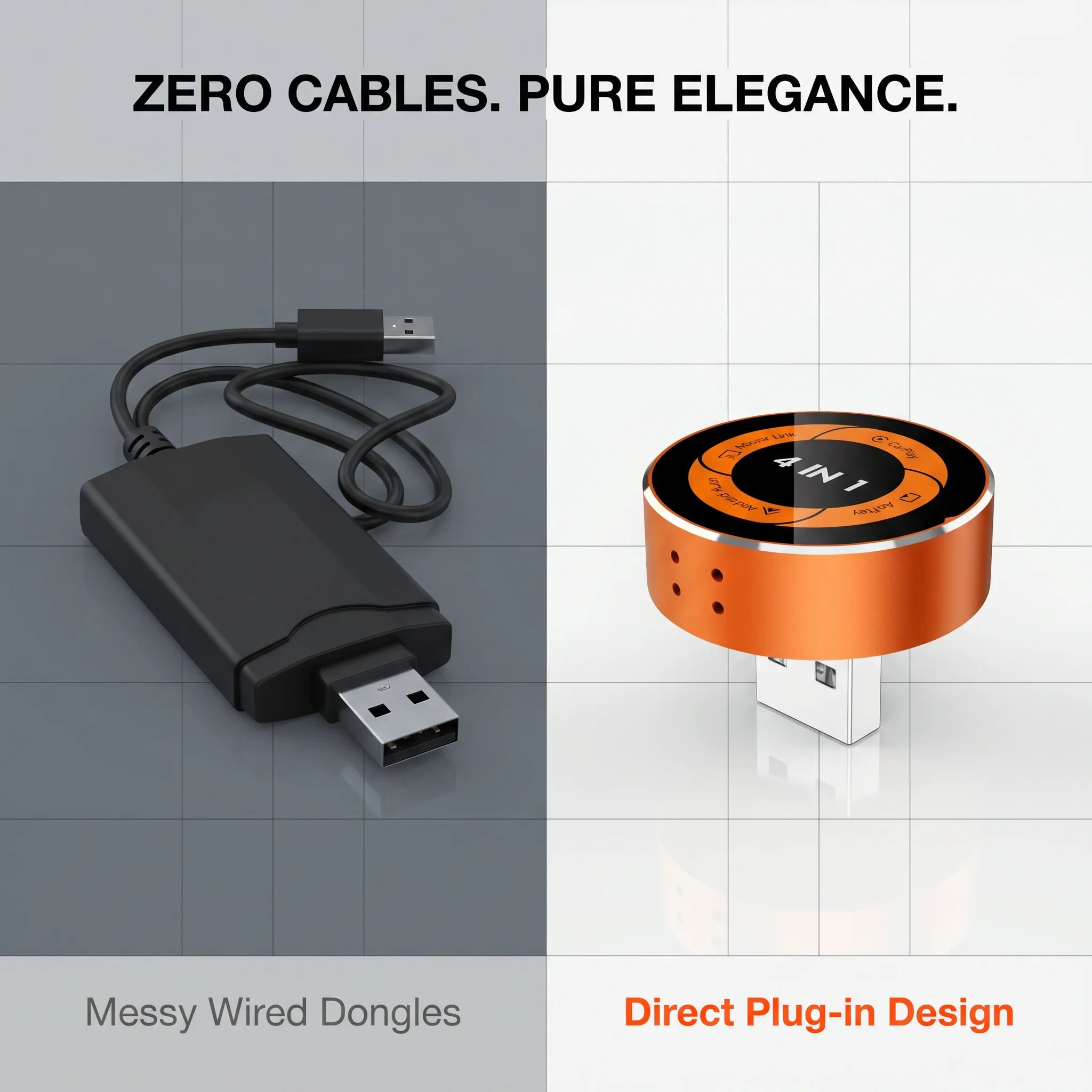 Adaptador inalámbrico 4 en 1 para Apple CarPlay, Android Auto, AirPlay y MirrorLink con funciones de duplicación de pantalla.