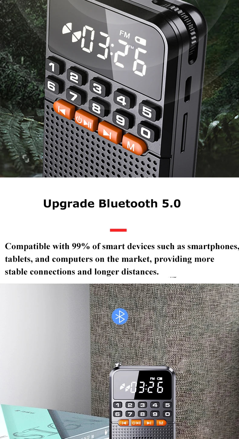 Mini Radio FM portátil Bluetooth 5.0 con tarjeta TF y linterna LED