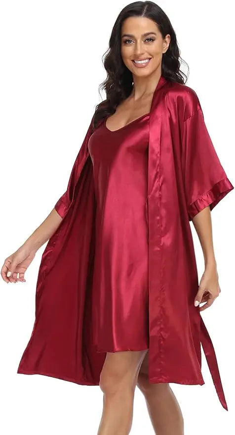 Conjunto de pijamas de seda de lujo para mujer, bata de manga larga, falda holgada cómoda, pijamas para mujer, conjunto de dos piezas