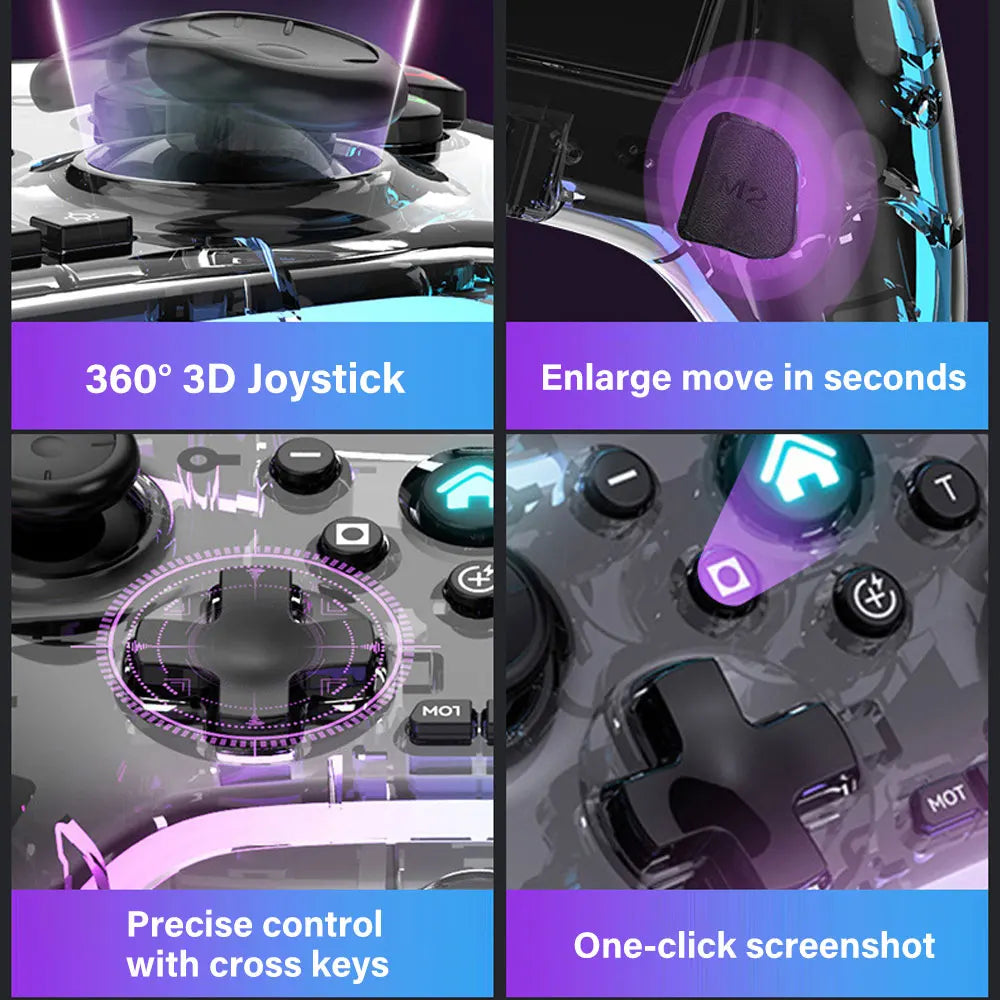 Controlador de juegos inalámbrico, controlador de juegos Bluetooth ergonómico con efecto de luz RGB para Switch, PS3, PS4, iPhone, teléfono Android, PC