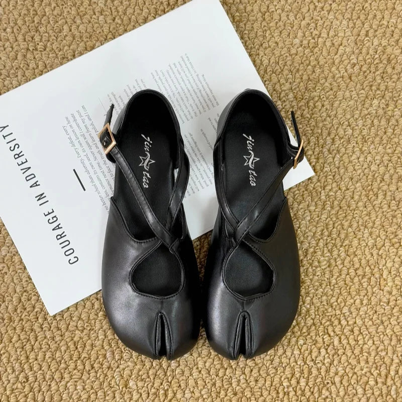 Zapatos Planos de Mujer con Punta Dividida, Estilo Mary Jane, Minimalistas, con Tira Cruzada, de Cuero PU Liso, Zapatos de Ballet, Estilo Francés Chic, Casuales, para Caminar