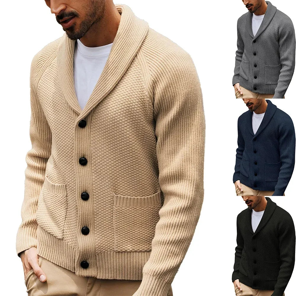 2025 Jersey nuevo de punto para hombre, cárdigan de manga larga con cuello abotonado y bolsillo, suéter informal de invierno para hombre