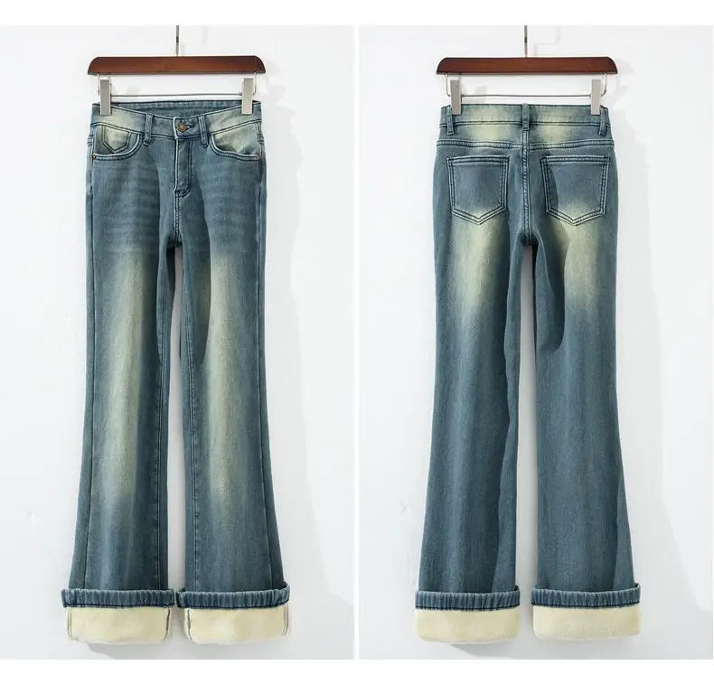 Pantalones Vaqueros Vintage con Forro Polar de Pierna Recta