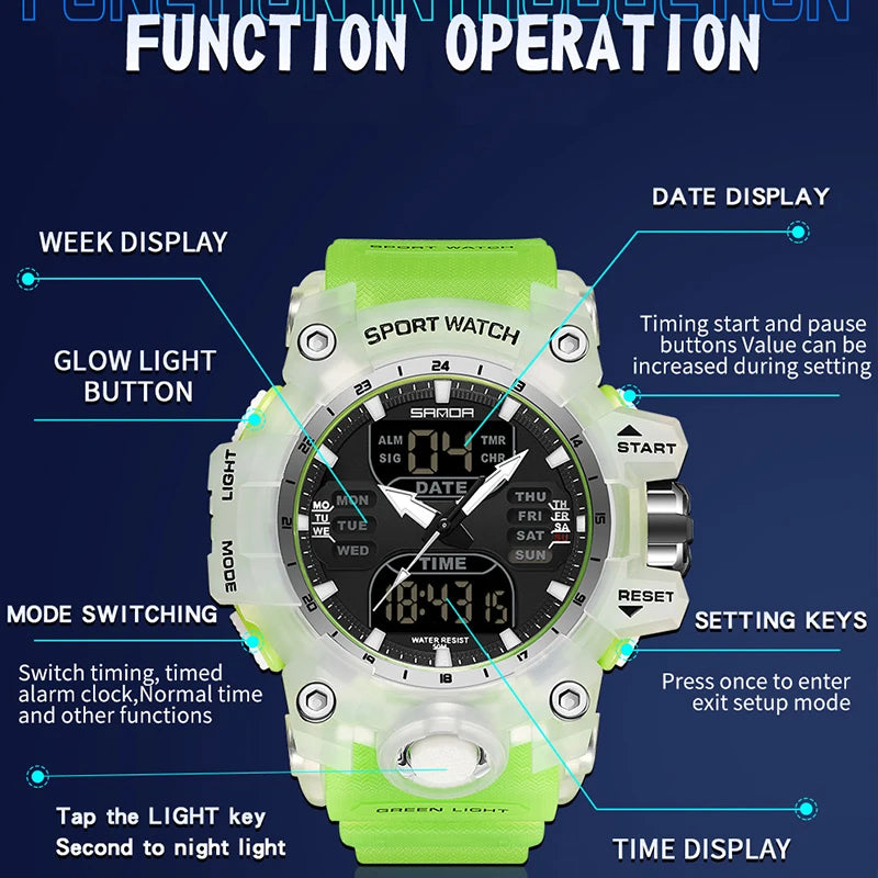 SANDA-reloj electrónico de lujo estilo G para hombre, cronógrafo Digital analógico LED para deportes al aire libre, pantalla Dual militar, resistente al agua hasta 50M