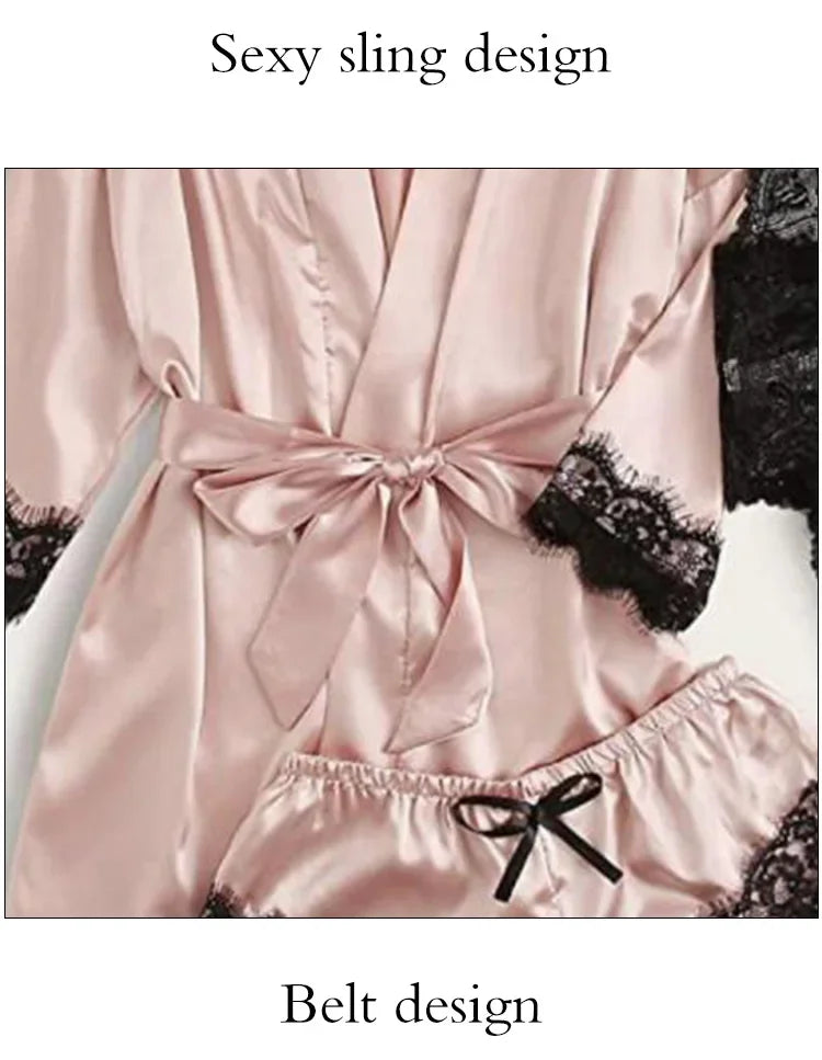 4 piezas ropa de dormir para mujer pijamas Ser con bata lencería de encaje Sexy Albornoz satén de seda ropa de dormir para el hogar bata