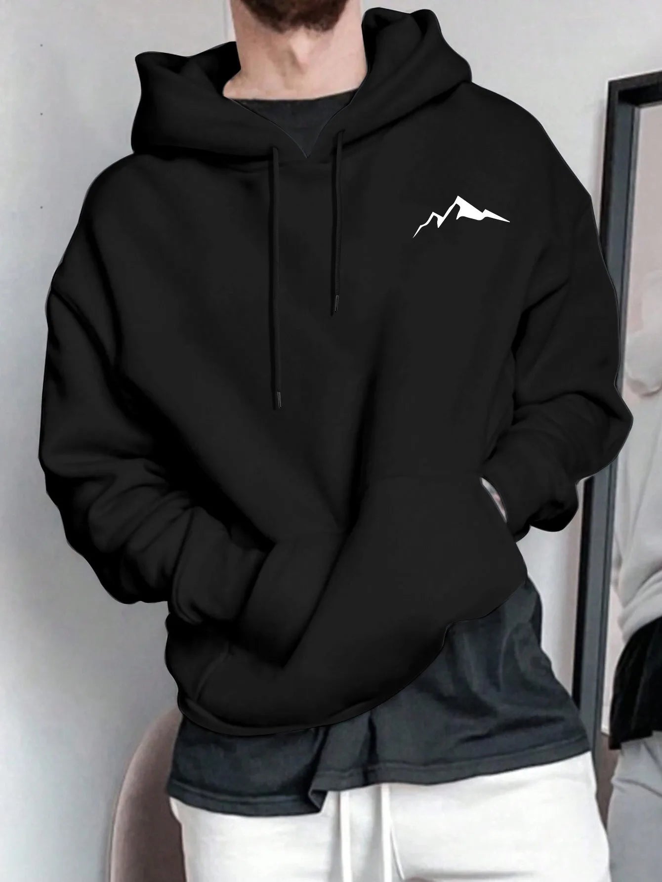 Sudadera con capucha de manga larga con estampado gráfico de montaña, informal, holgada, para hombre, de otoño e invierno, cálida.