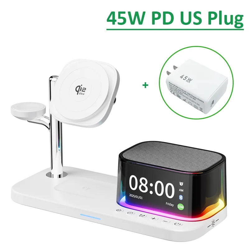 Estación de Carga Inalámbrica Magnética 7 en 1 para iPhone 16~17 Pro Max, Cargador Qi2.2, Altavoz Bluetooth para Apple y Samsung Watch