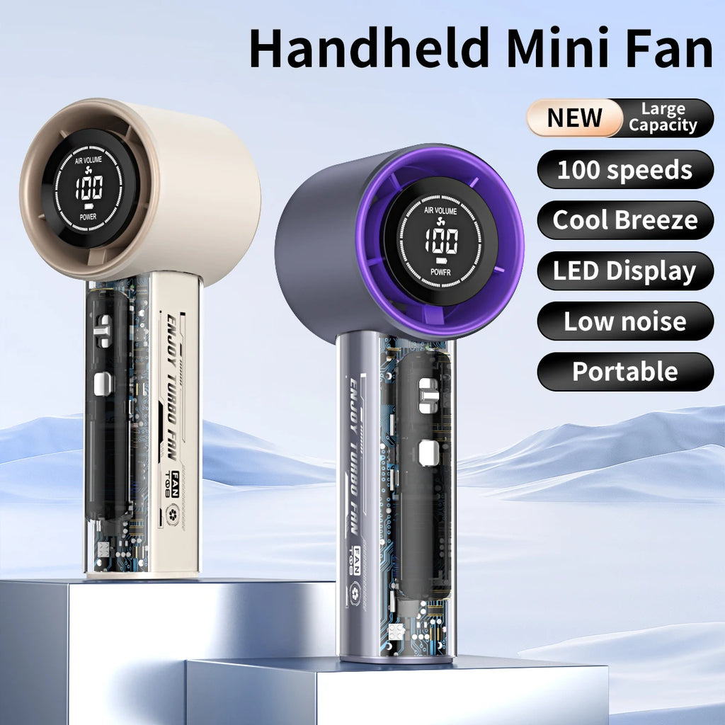 Ventilador de mano digital turbo de alta velocidad con 100 niveles ajustables, silencioso, portátil, botones físicos mecha transparentes