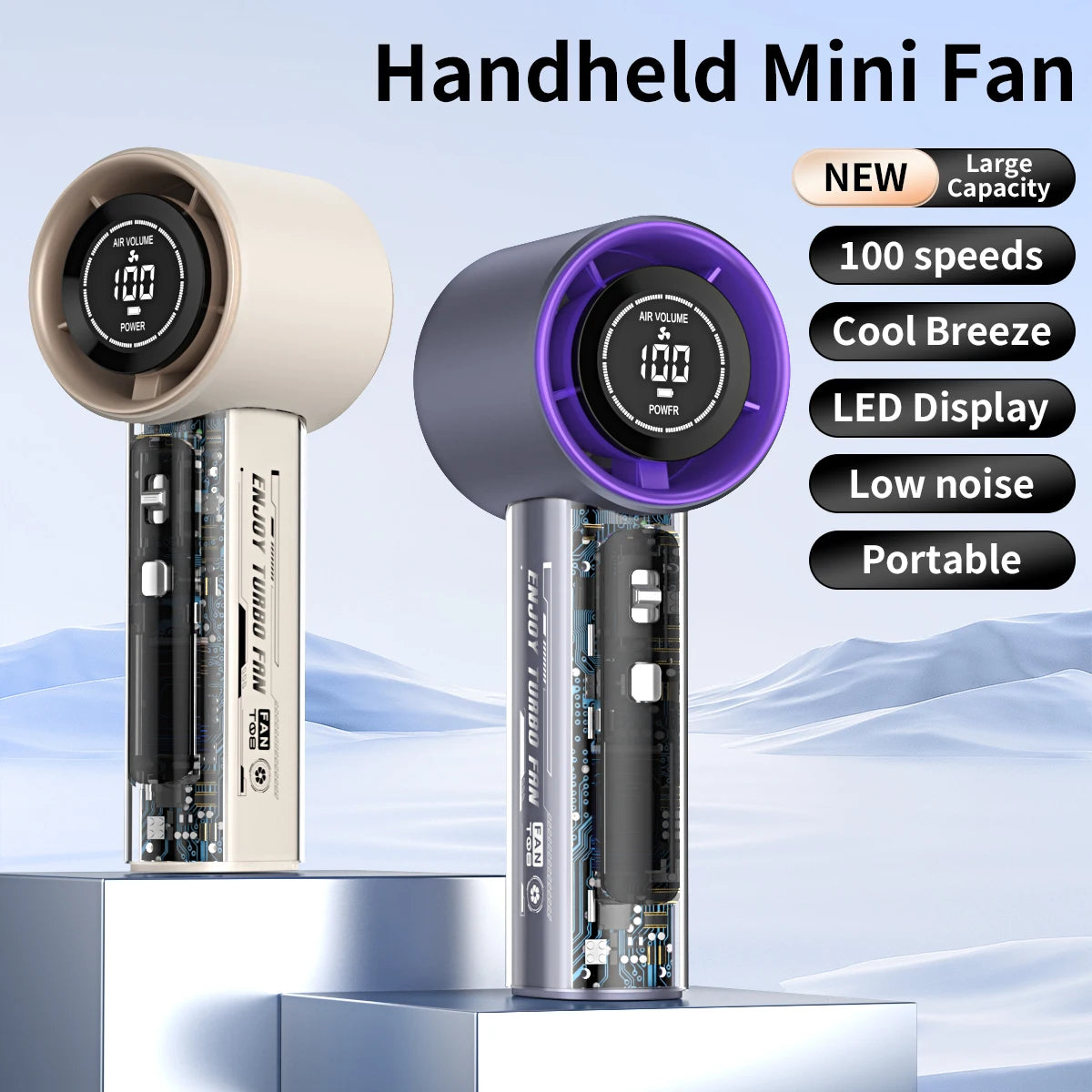 Ventilador de mano digital turbo de alta velocidad con 100 niveles ajustables, silencioso, portátil, botones físicos mecha transparentes