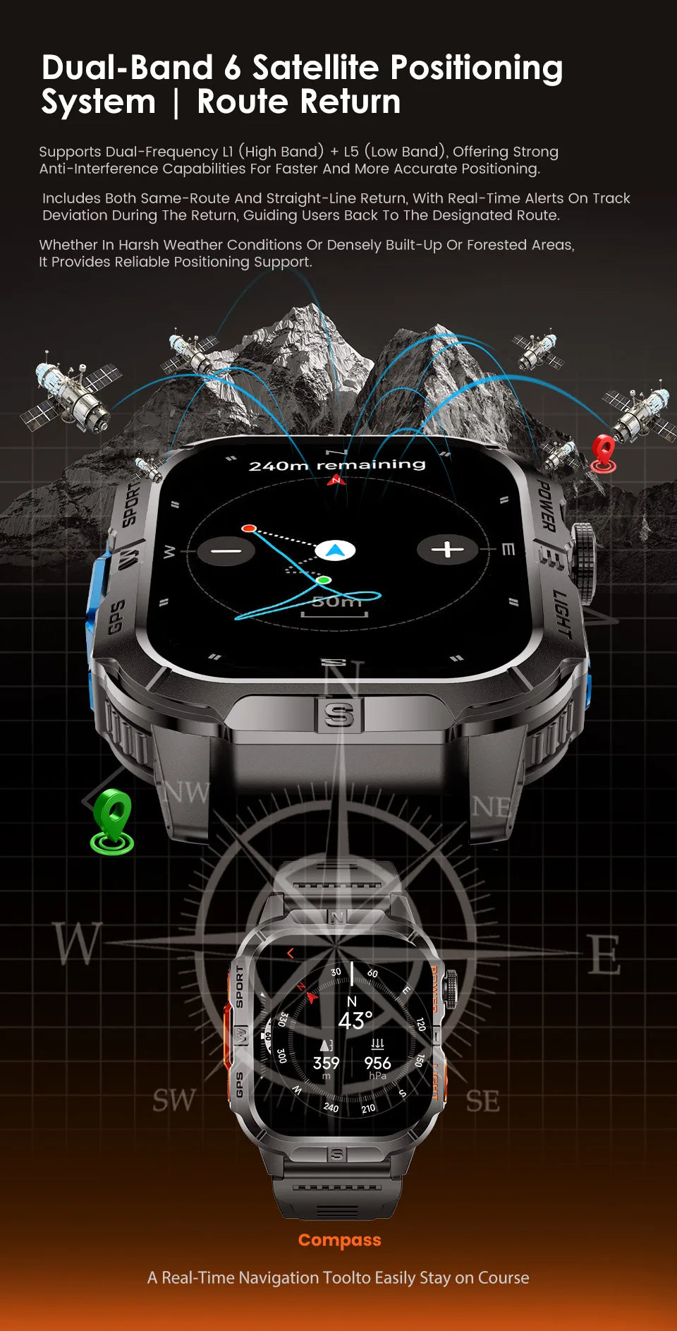 Reloj Inteligente Militar con GPS, LED, Brújula e IP68