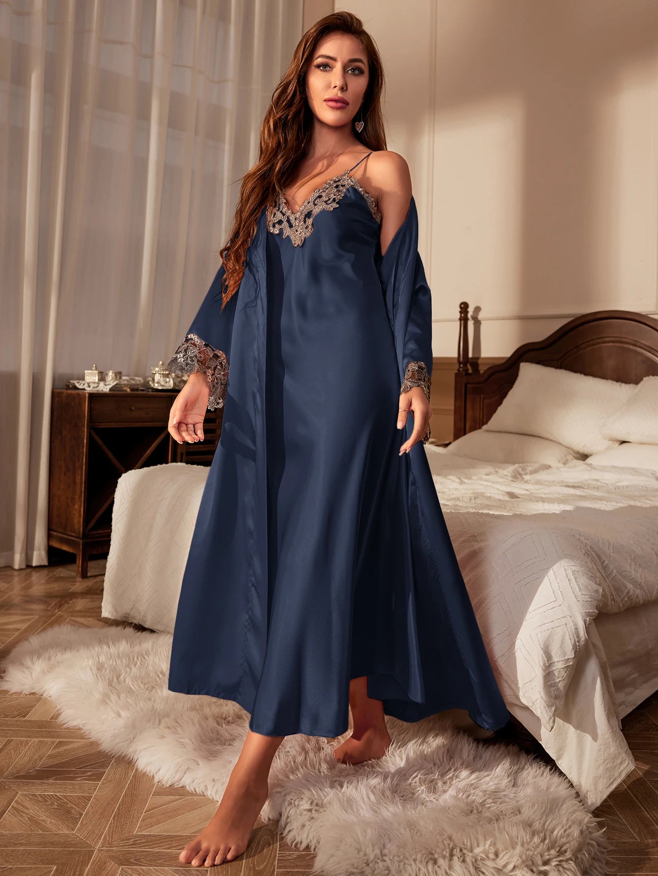 Conjunto de pijama de encaje en contraste, bata de manga larga con cinturón, vestido deslizante con cuello en V, ropa de dormir para mujer, ropa de descanso