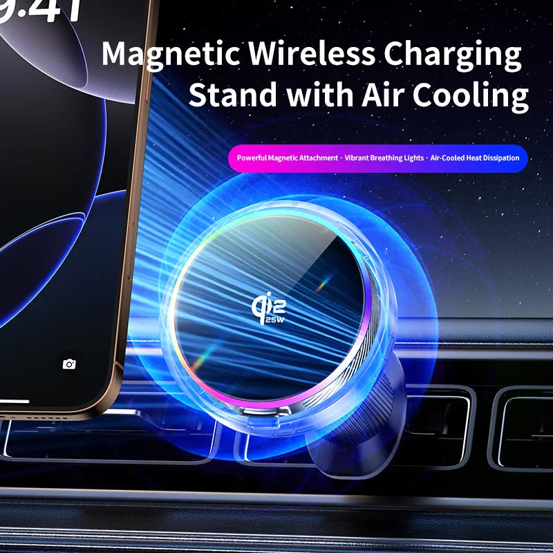 Soporte Magnético para Teléfono con Cargador Inalámbrico Qi2 de 25W, Refrigeración por Aire y Luz RGB, para iPhone Magsafe 17~12 Pro Max, Base de Carga Rápida