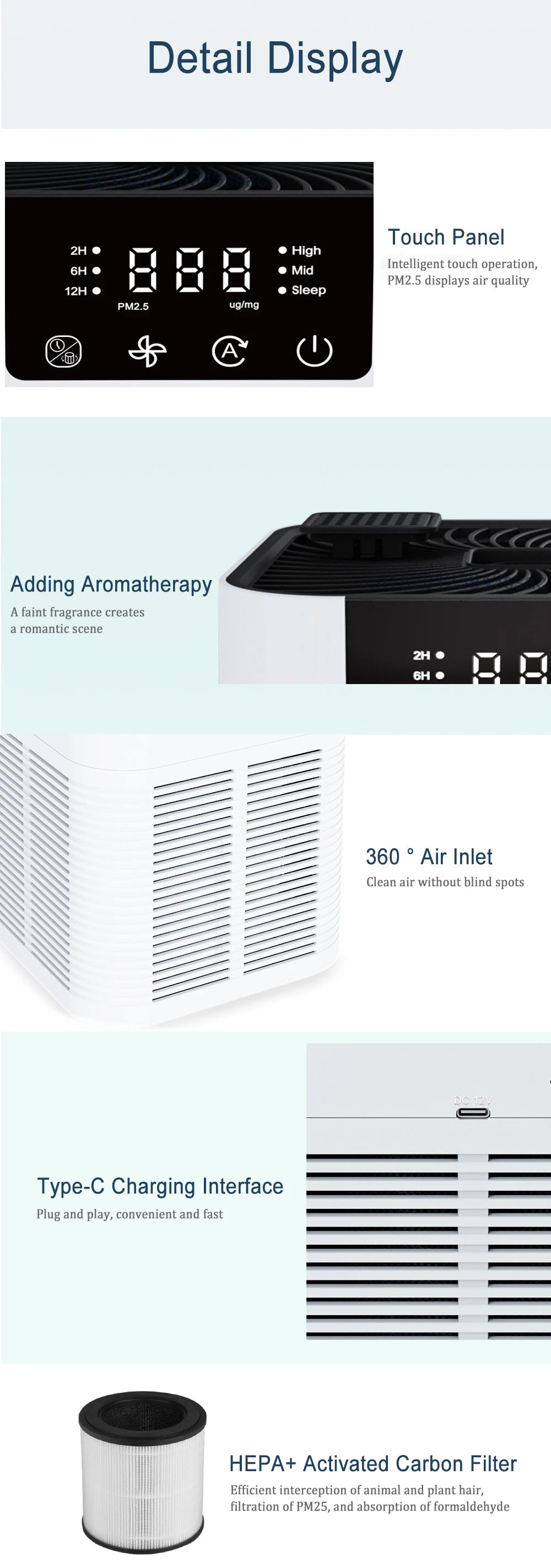 Purificador de aire HEPA con ionizador de iones negativos y aromaterapia