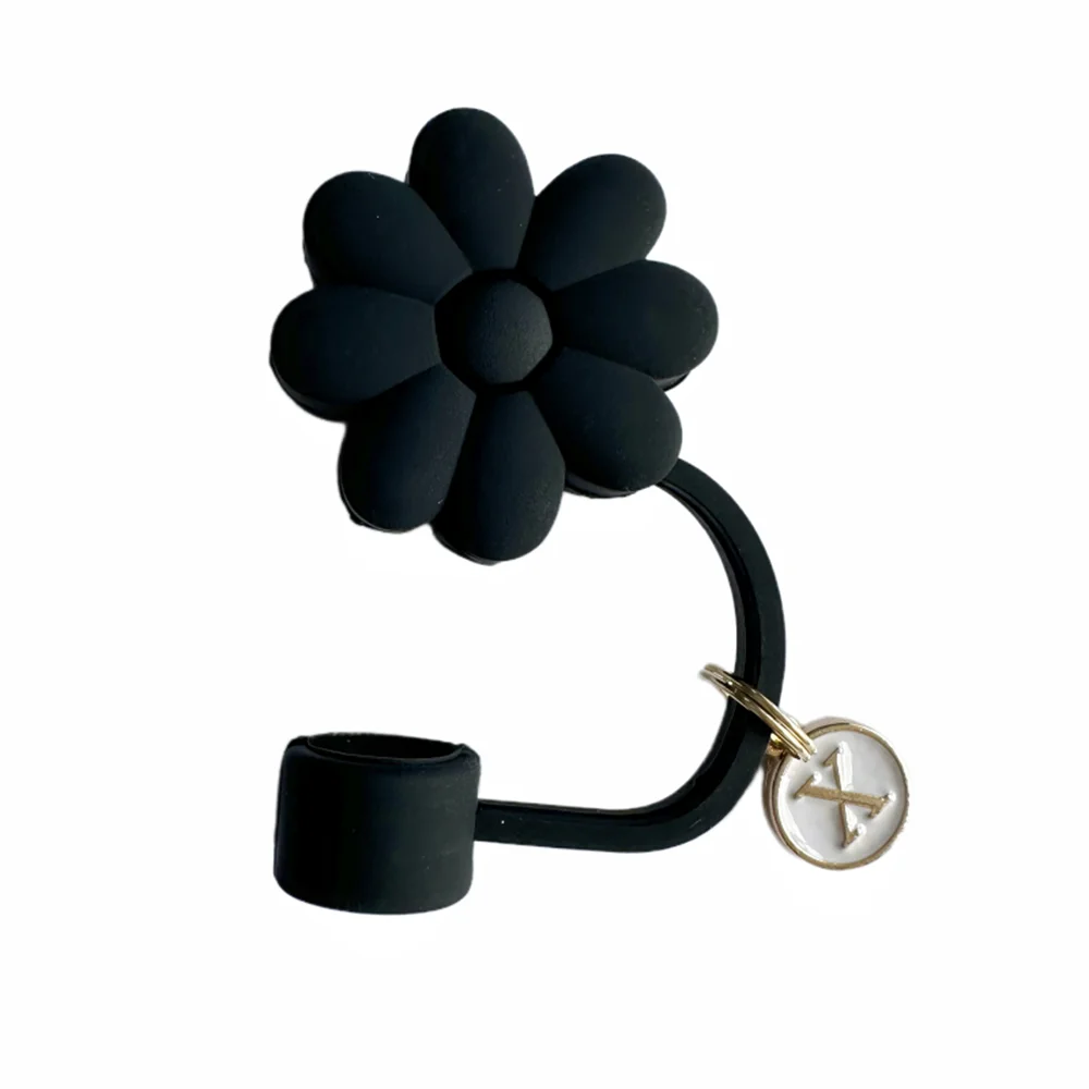 Tapas de Paja de Silicona con Diseño Floral - 26 Letras (Negro)