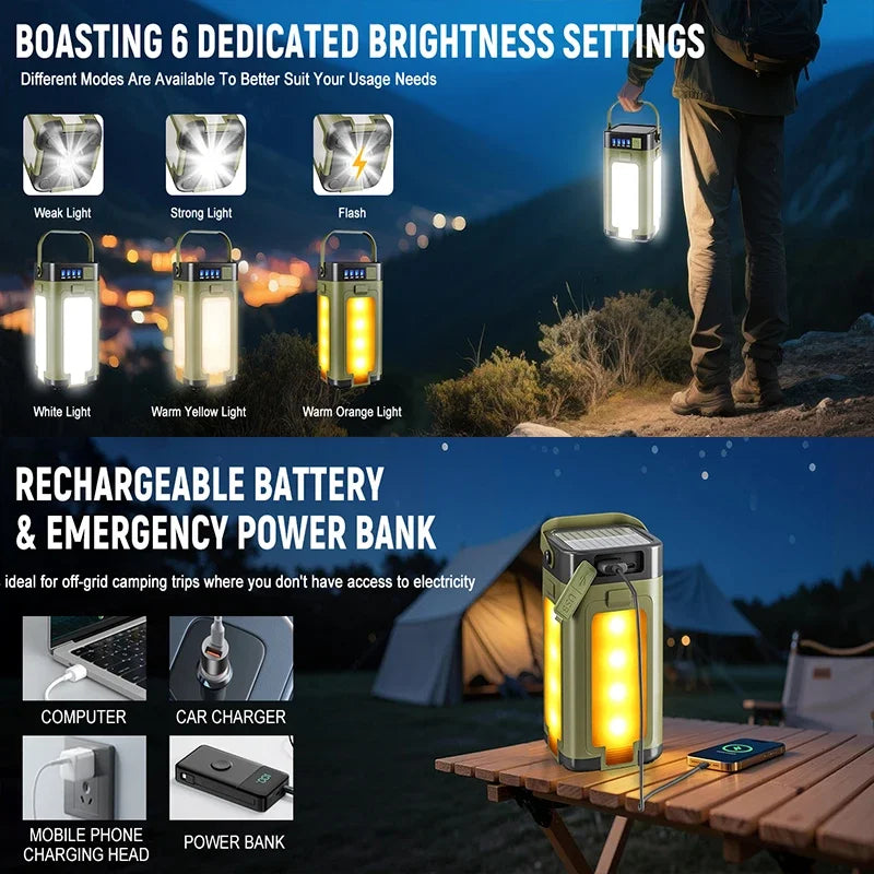 Lámpara Solar de Camping Recargable, Luces LED Portátiles, con Carga USB, Resistente al Agua IPX4, Batería de 12 Horas