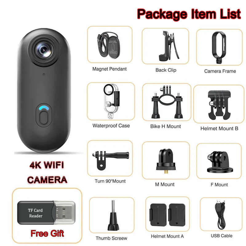 Cámara POV 4K mini con clip magnético, WiFi y funda impermeable