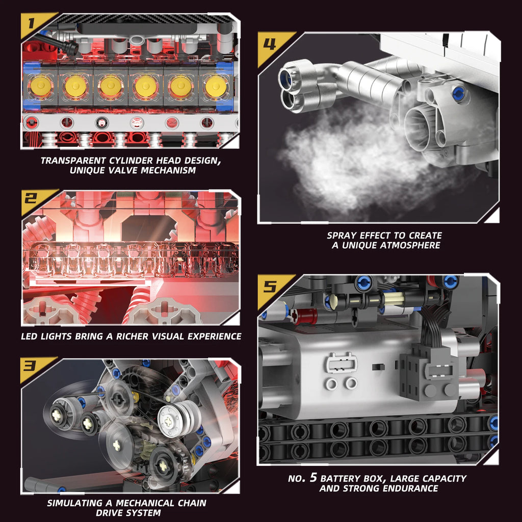 Juego de modelos de ensamblaje de bloques de construcción de motor V12 de 1610 Uds.-Kit MOC programable con control remoto por aplicación con luces y pulverización