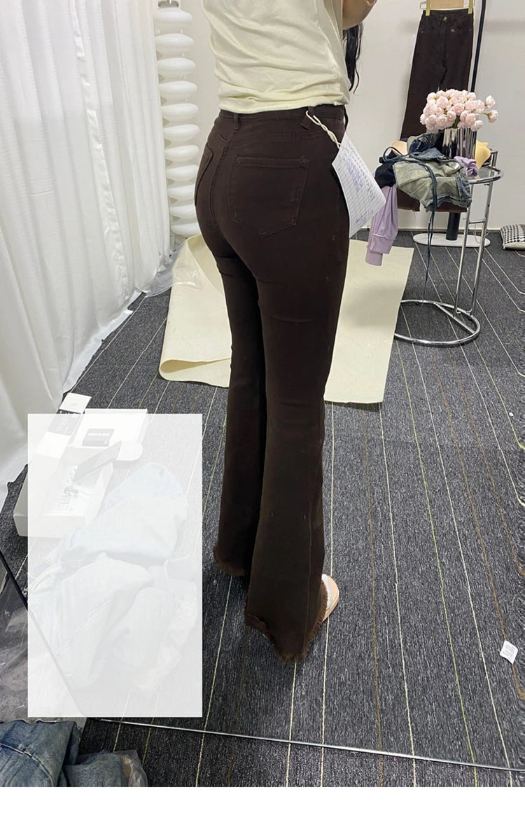 Pantalones Vaqueros Acampanados de Cintura Alta con Forro Polar para Mujer, Talla Grande