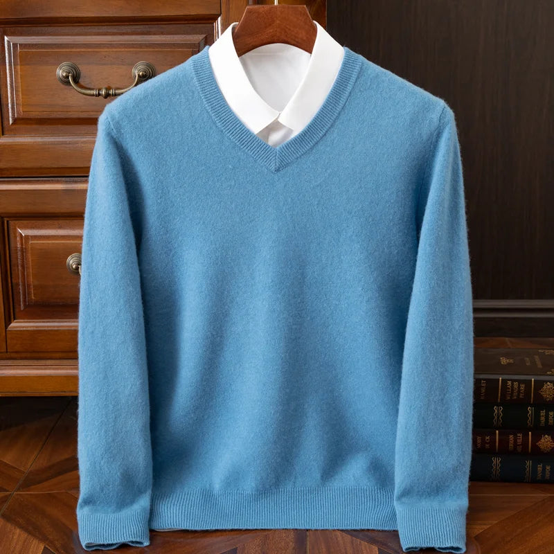 2025 suéter 100% de lana merina de Cachemira con cuello en V para hombre, jersey inteligente informal básico de manga larga, prendas de punto, Tops para Otoño e Invierno